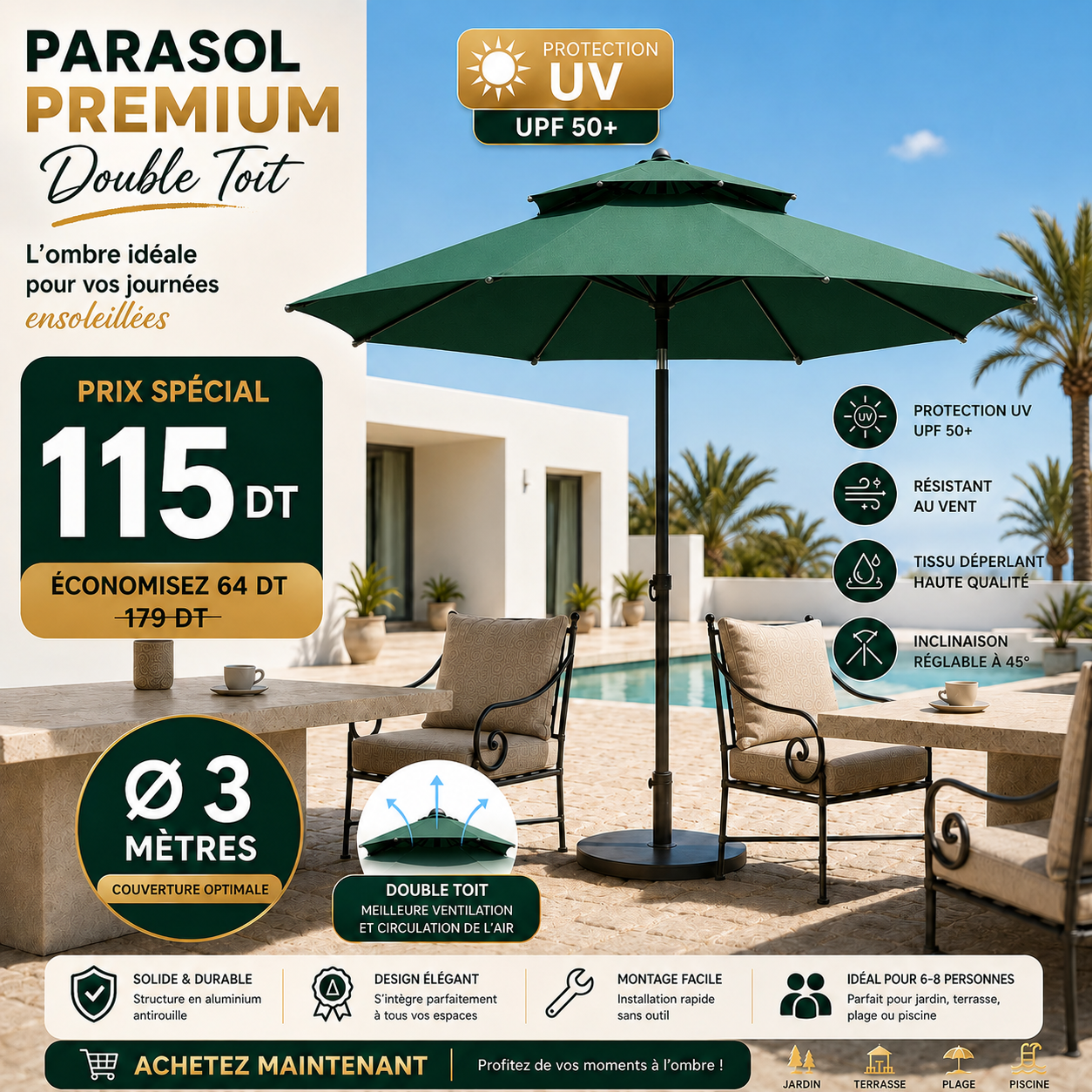 Parasol Patio Premium UPF 50+ 3m/3m