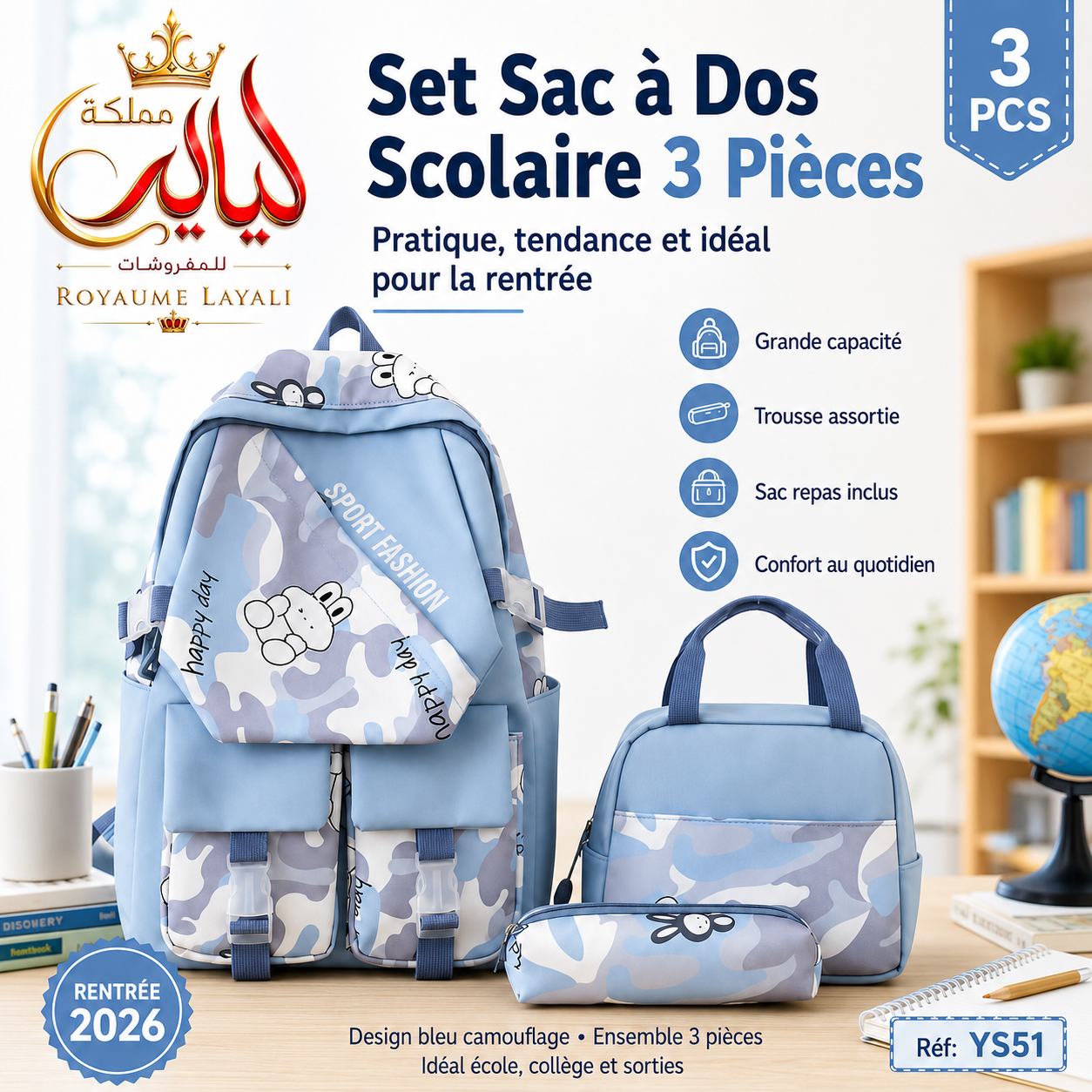 Set Sac à Dos Scolaire Bleu Camouflage YS51