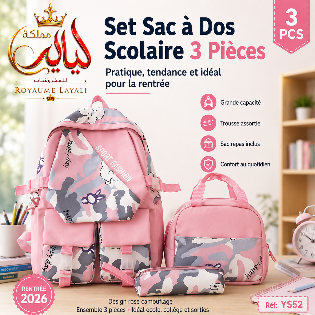 Set Sac à Dos Scolaire Rose Camouflage YS52