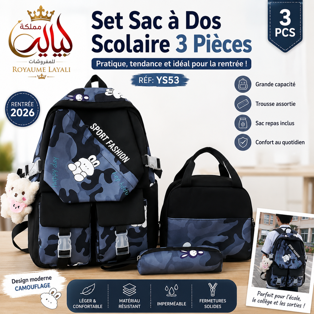 Set Sac à Dos Scolaire Noir Camouflage YS53