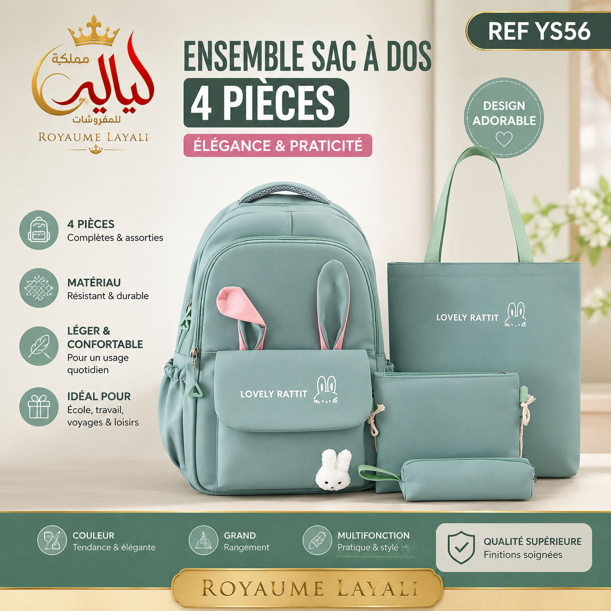 Ensemble Sac à Dos 4 Pièces Lovely Rattit Vert YS56