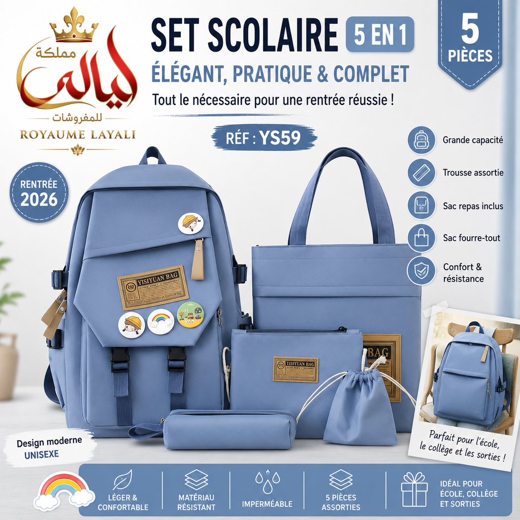 Set Scolaire 5 en 1 Yisiyuan Bleu YS59