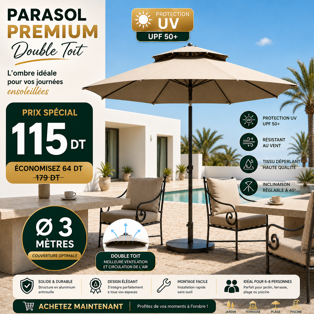 Parasol Patio Premium UPF 50+ 3m/3m
