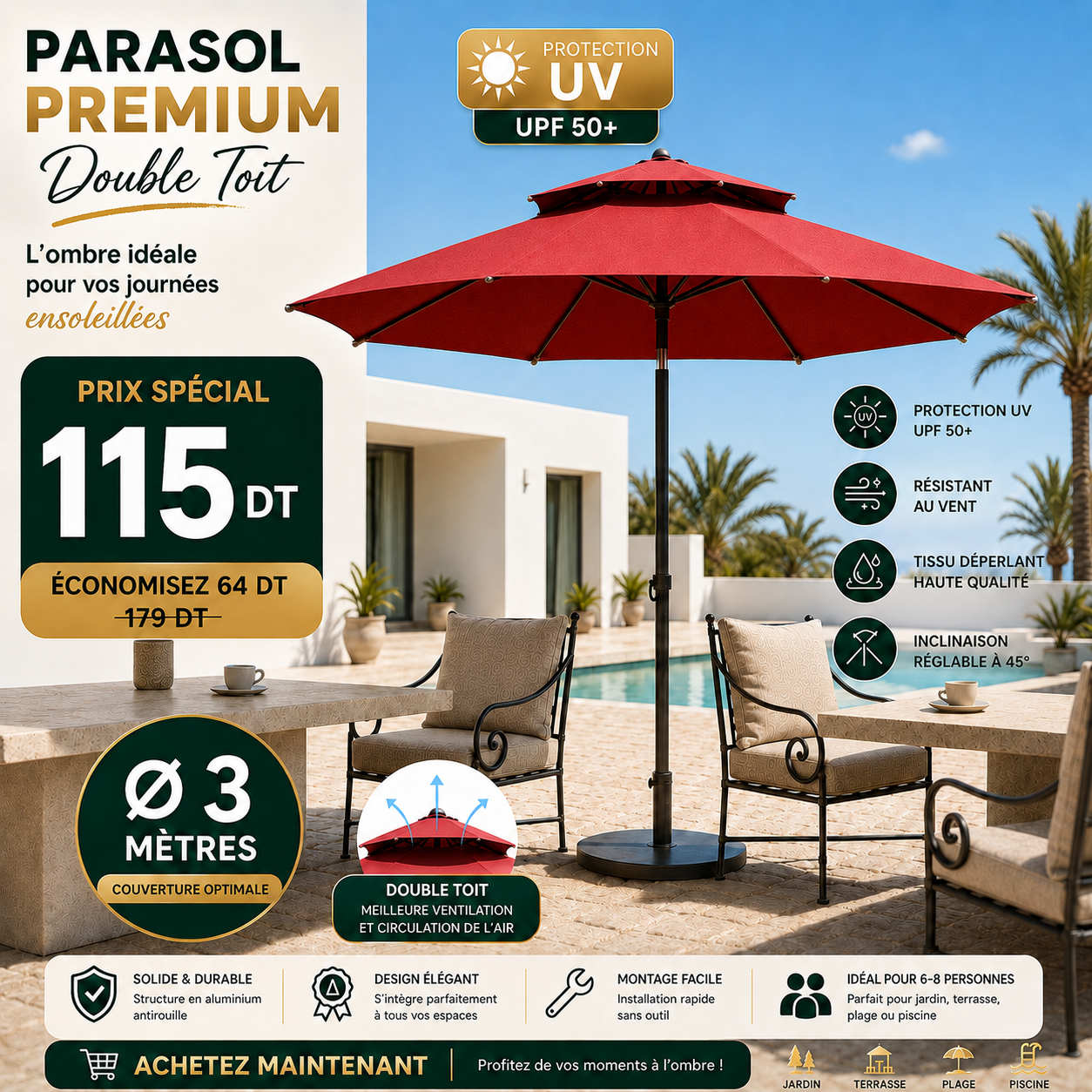 Parasol Patio Premium UPF 50+ 3m/3m