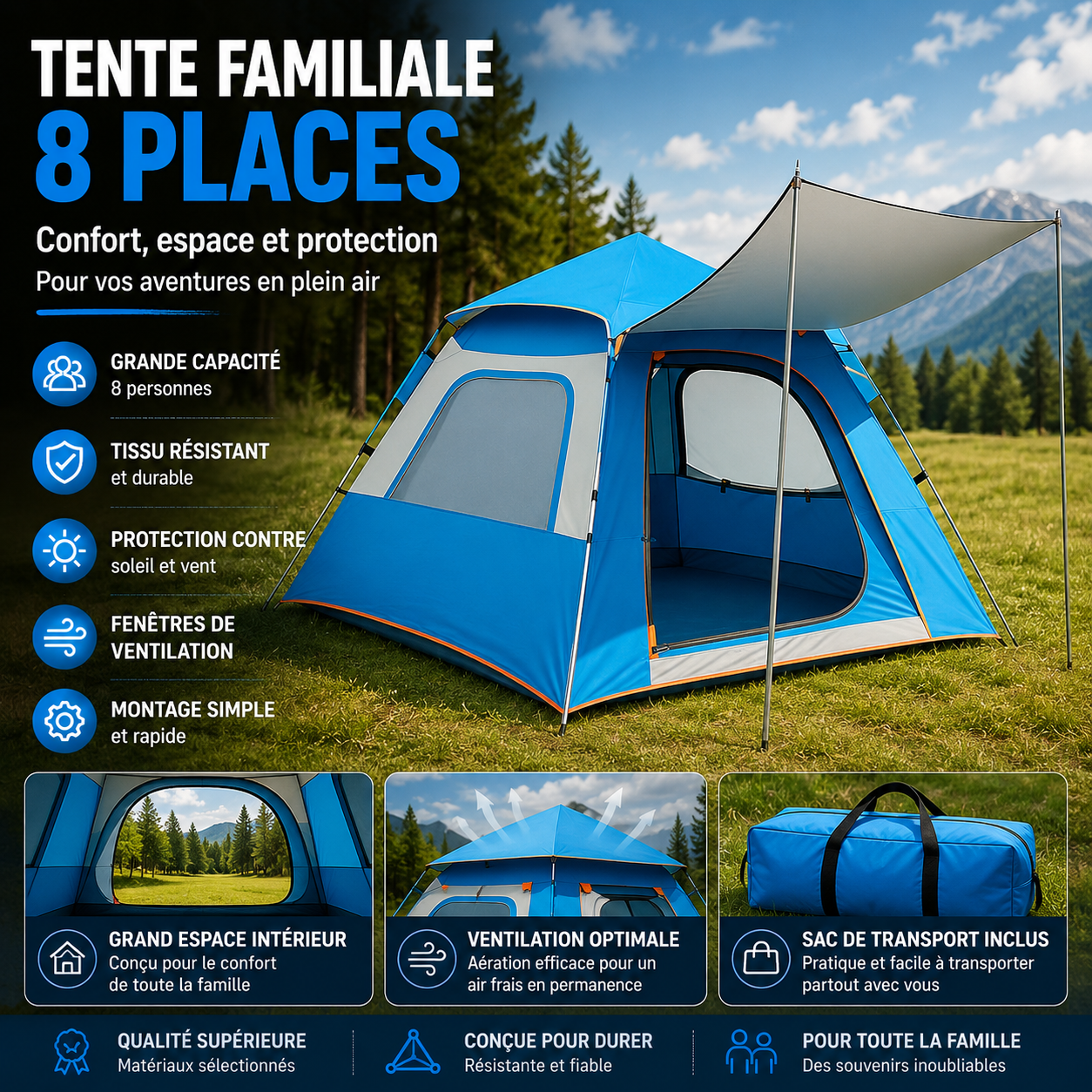 Tente Familiale 8 Places avec Auvent