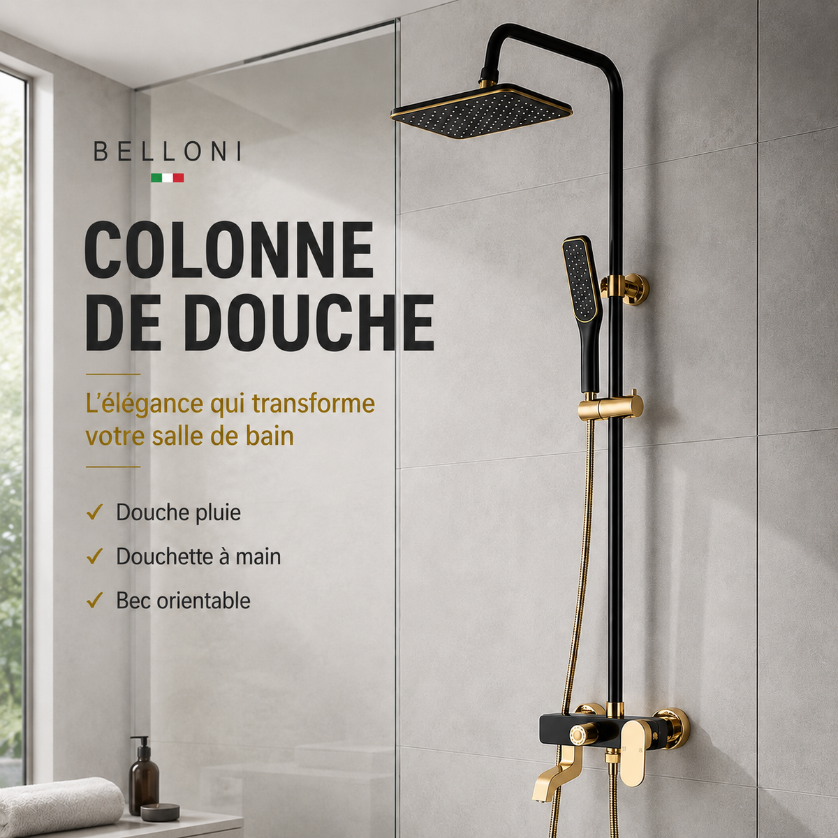 Colonne de Douche BELLONI Noir Or Douche Pluie Douchette Bec Orientable