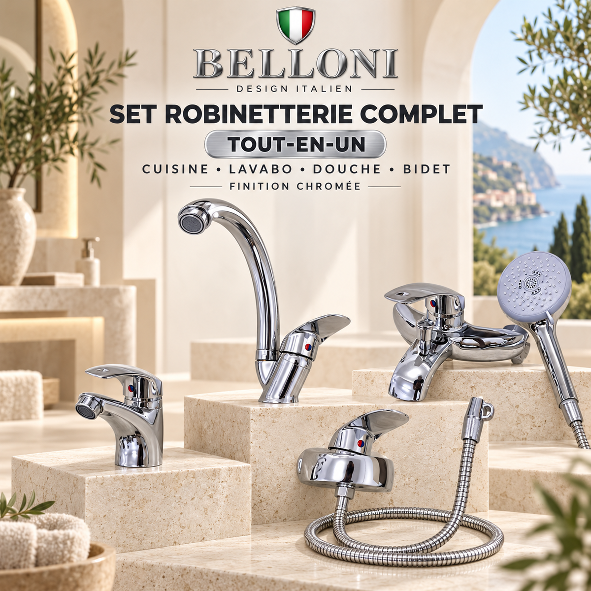 Set Robinetterie Complet BELLONI Tout-en-Un Cuisine Lavabo Douche Bidet Finition Chromée