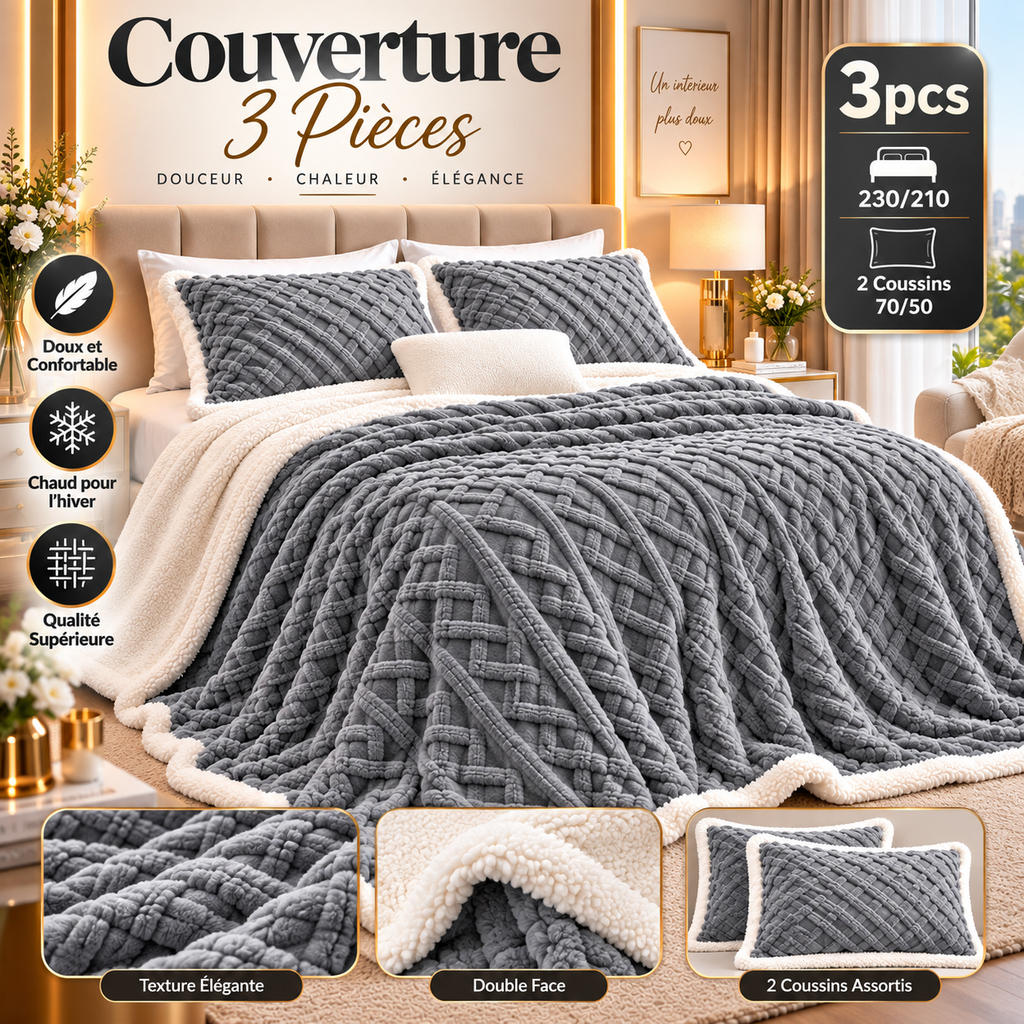 Couverture 3 Pièces Double Face Velours Sherpa Violet 230x210 cm