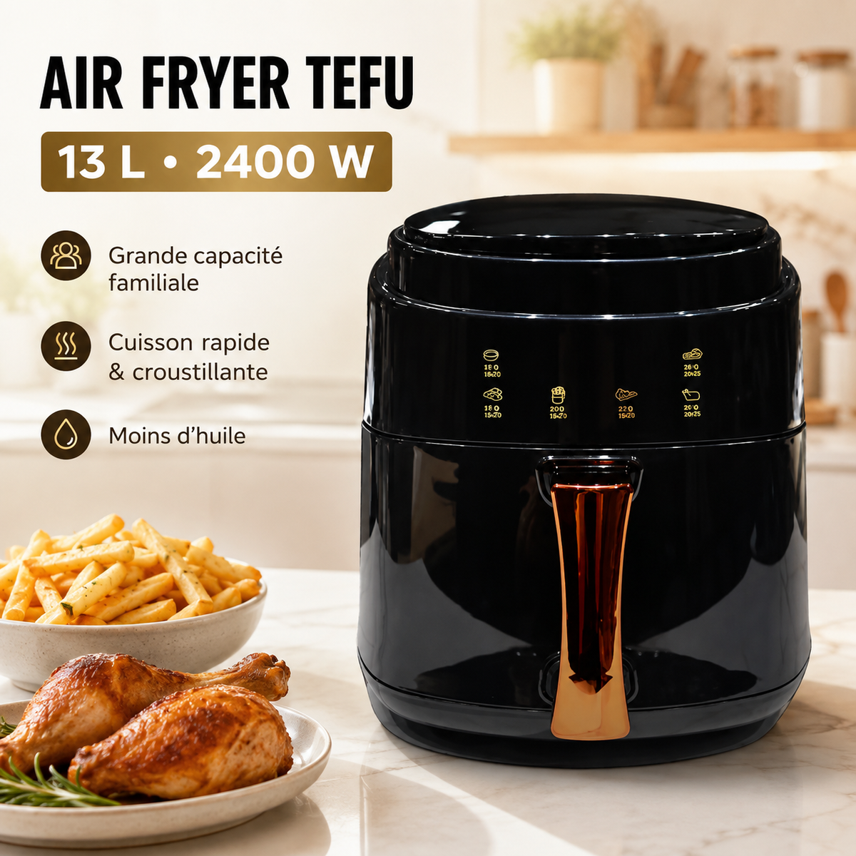 Air Fryer TEFU 13L 2400W Friteuse sans Huile Grande Capacité Familiale Noir