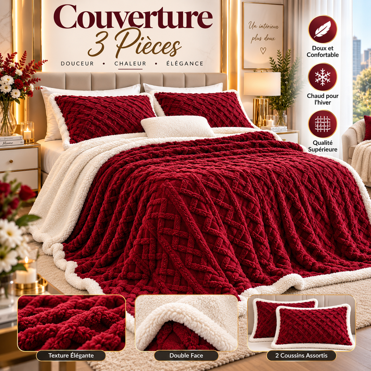 Couverture 3 Pièces Double Face Velours Sherpa Caramel 230x210 cm