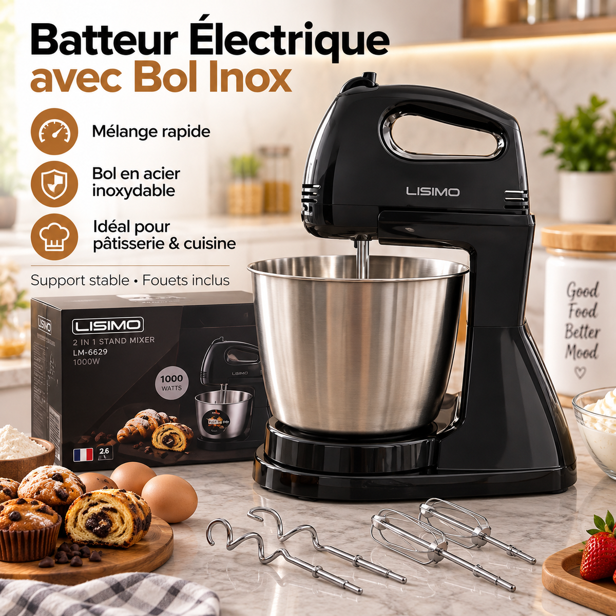 Batteur Électrique avec Bol Inox LISMO LM-6629 1000W 2-en-1