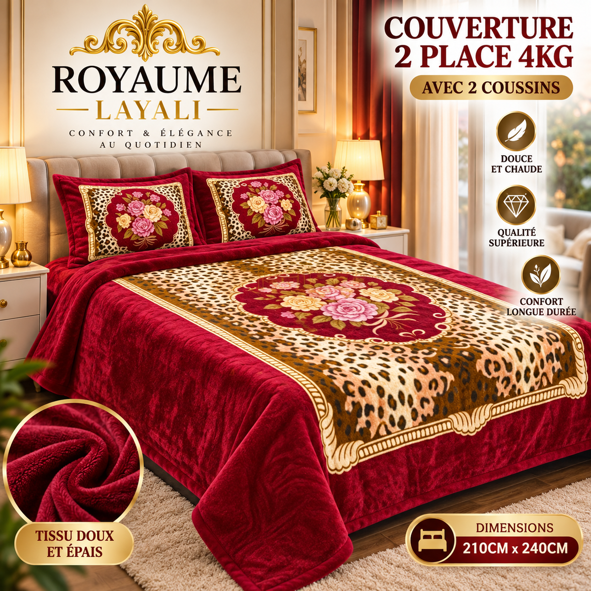 🛏️ Couverture Luxe  4kg + 2 Coussins