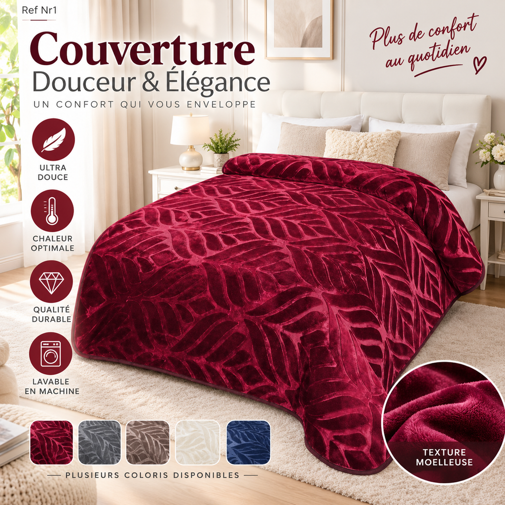 Couverture Velours Relief 3kg Bordeaux Ultra Douce Chaleureuse