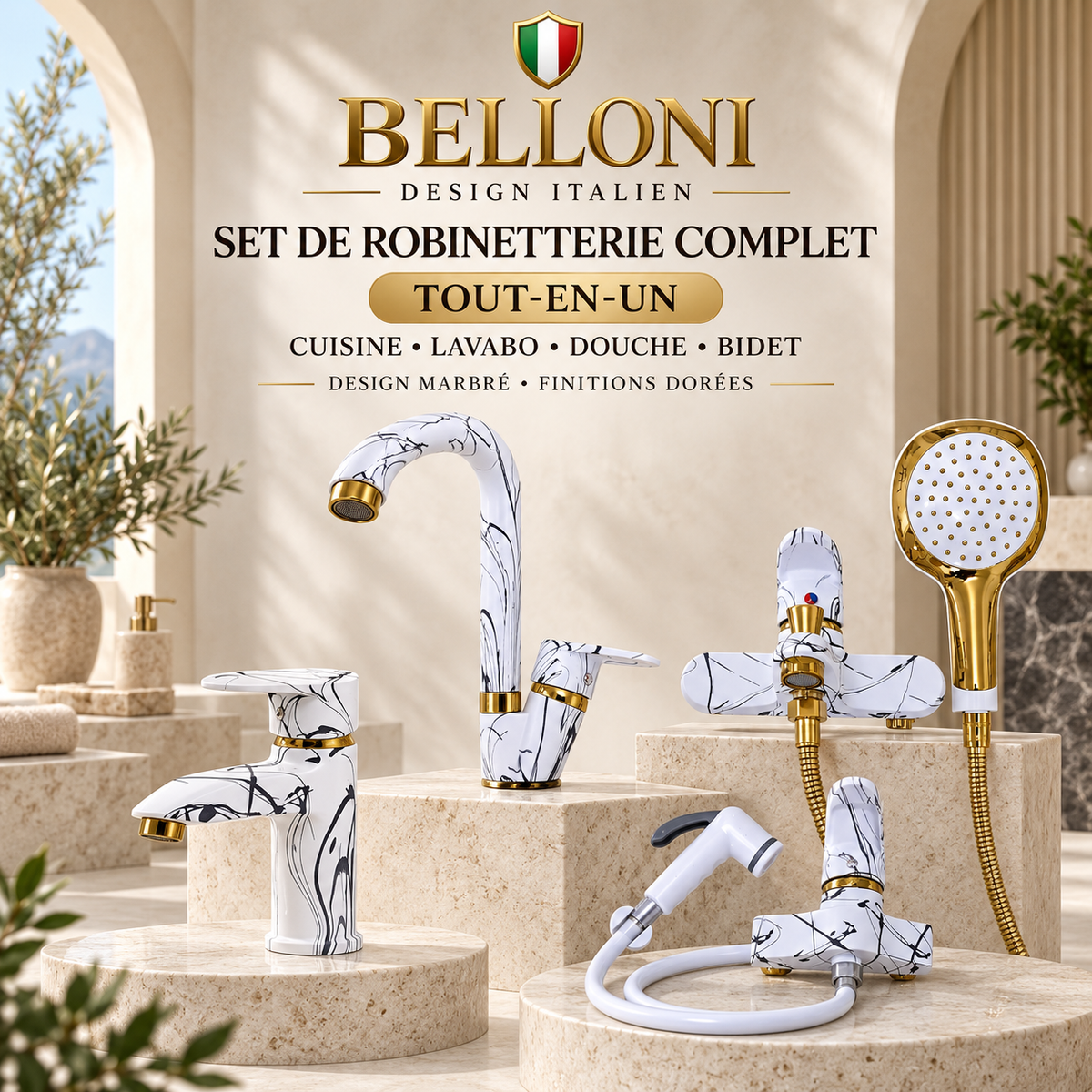 Set Robinetterie Complet BELLONI Design Marbre Blanc Finitions Dorées Cuisine Lavabo Douche Bidet