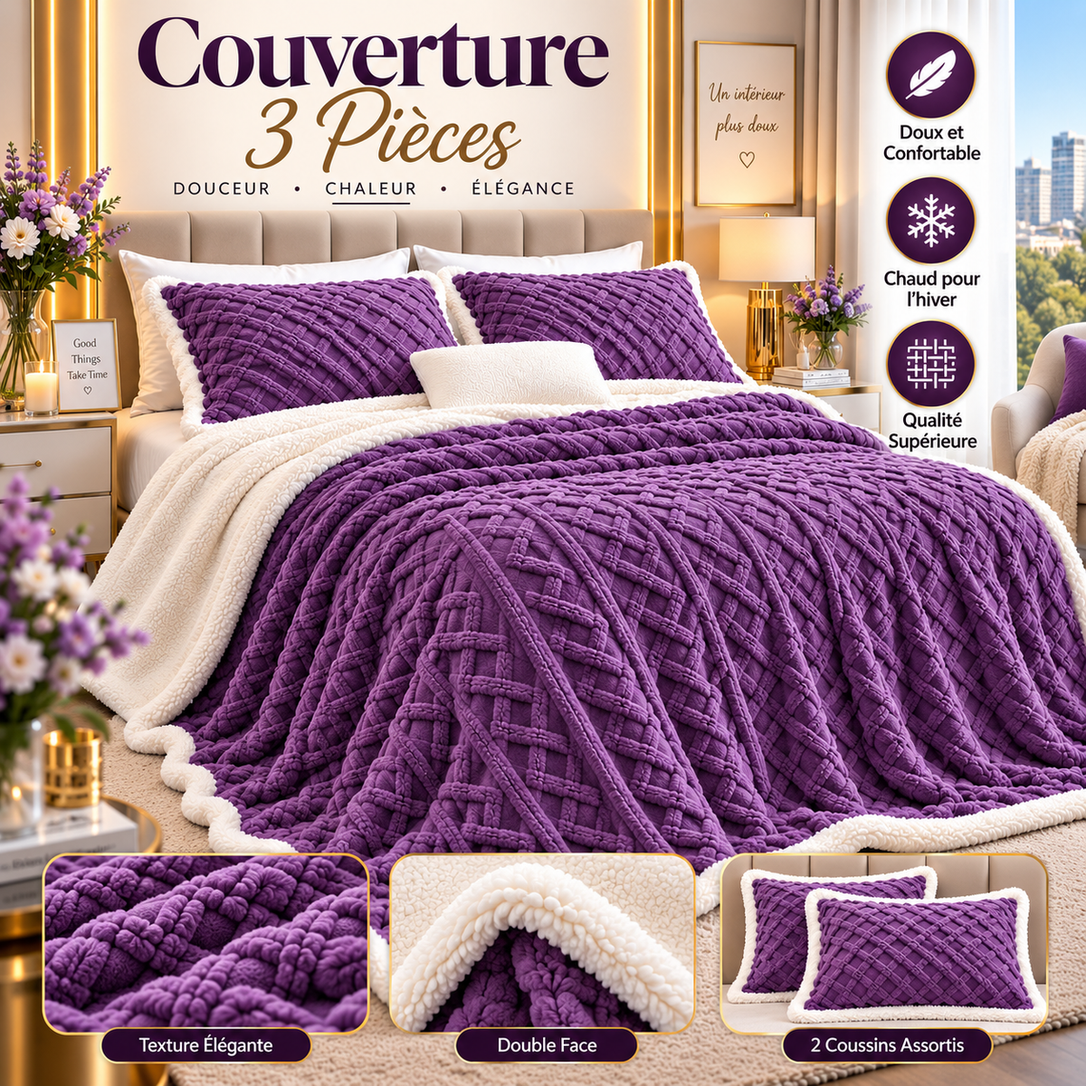 Couverture 3 Pièces Double Face Velours Sherpa Dimensions 230x210 cm + 2 Coussins 70x50