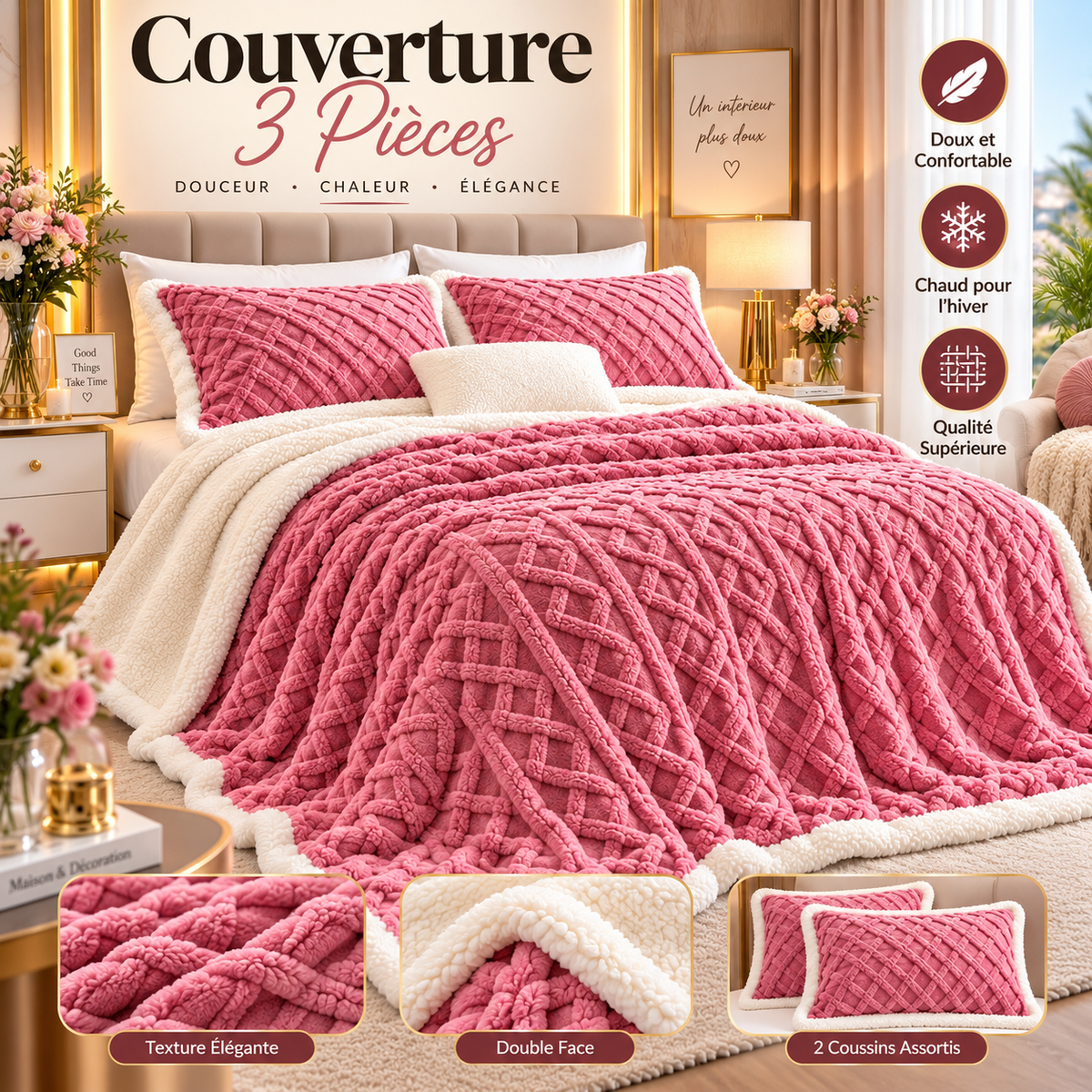 Couverture 3 Pièces Double Face Velours Sherpa Vert Teal 230x210 cm