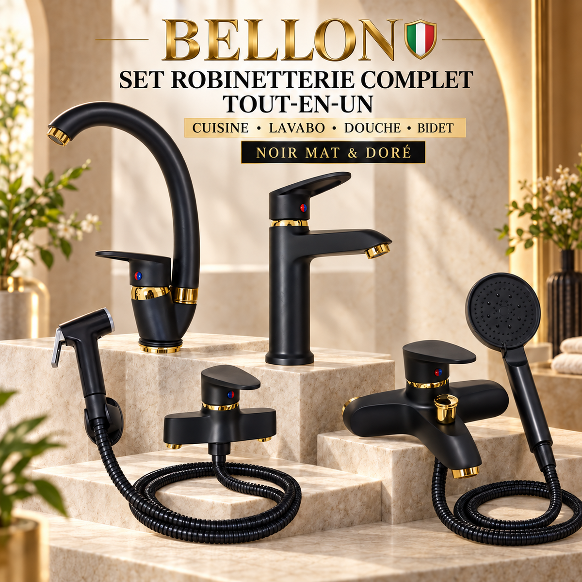Set Robinetterie Complet BELLON Tout-en-Un Cuisine Lavabo Douche Bidet Noir Mat Doré
