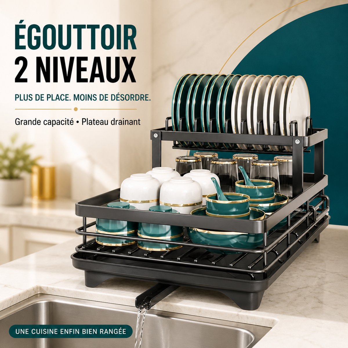 Égouttoir Vaisselle 2 Niveaux Grande Capacité Plateau Drainant Noir