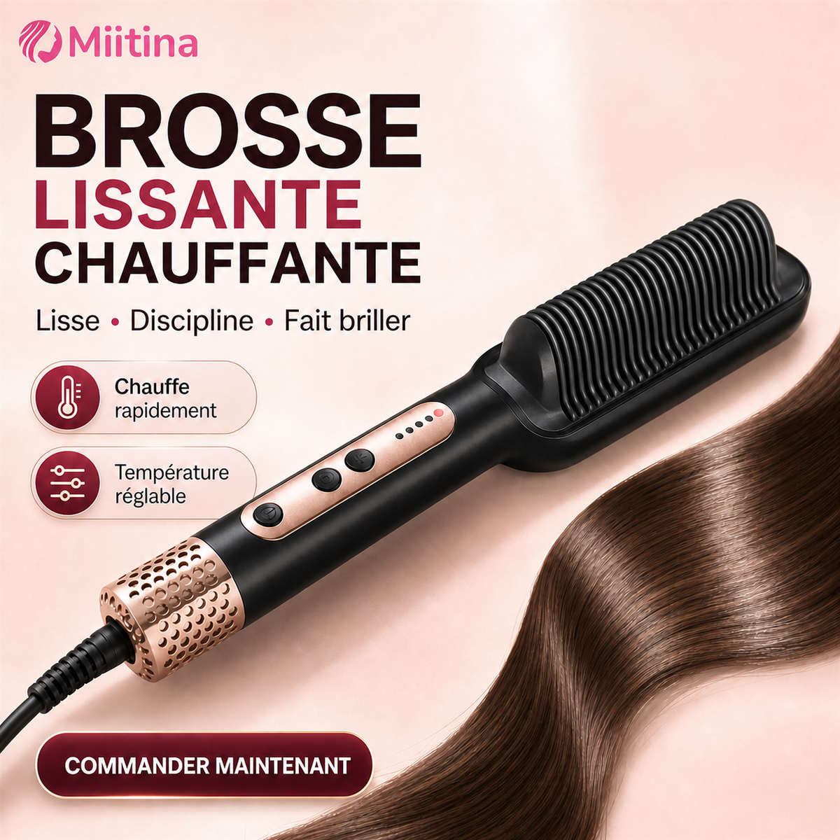 Brosse Lissante Chauffante Miitina Température Réglable Noir Or Rose