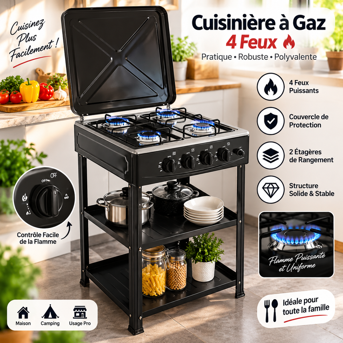 Plaque à Gaz 4 Brûleurs avec Support Métallique