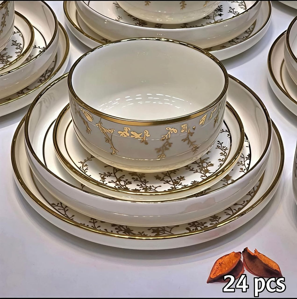 Service de Table 24 Pièces – Céramique Dorée Élégante