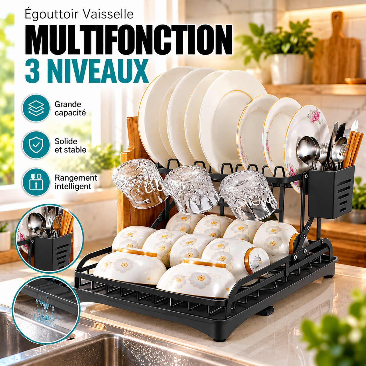 Égouttoir Vaisselle Multifonction 3 Niveaux — Structure Métallique Noire