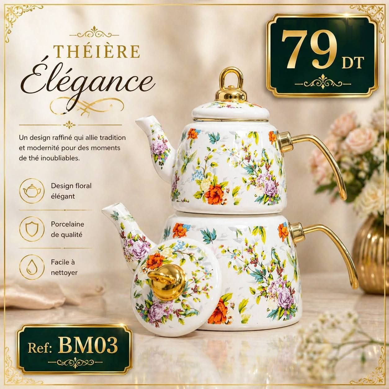 Théière Élégance BM03 Double Florale Roses Oiseaux Dorée