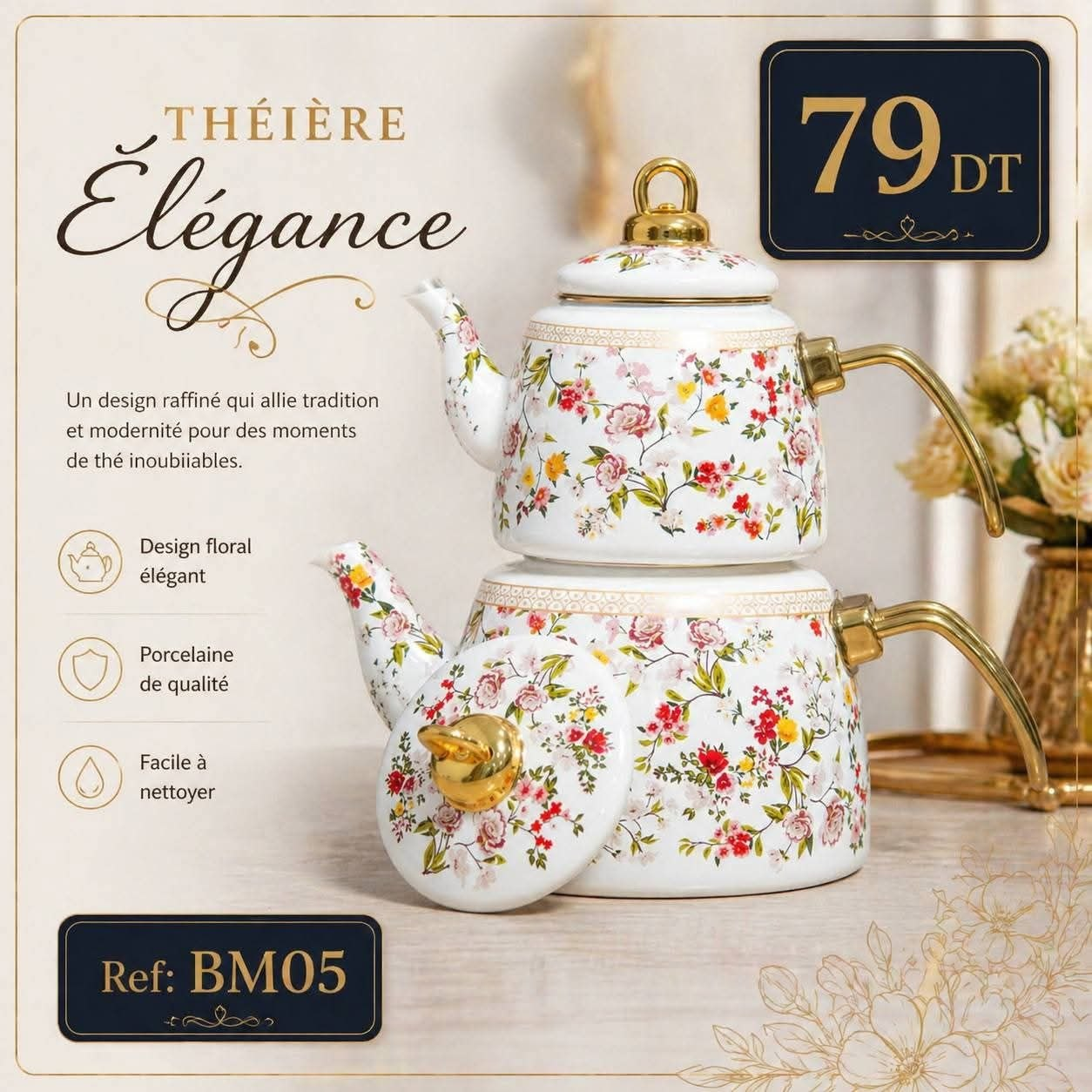 Théière Élégance BM05 Double Florale Porcelaine Dorée