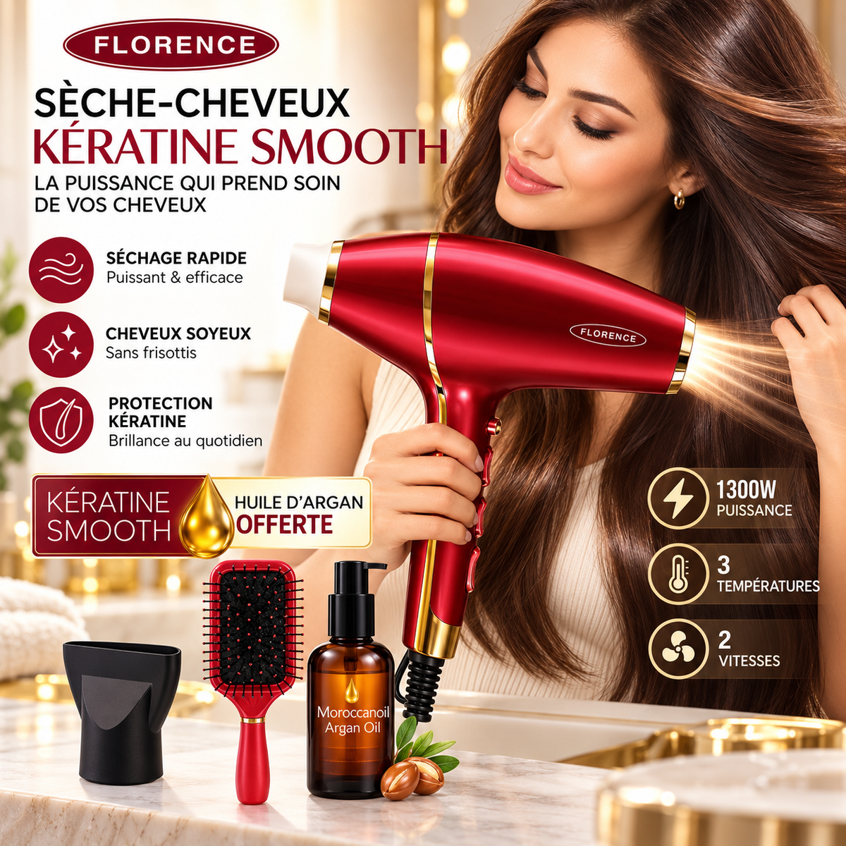 Sèche-cheveux Florence Kératine Smooth 1300W Rouge & Or avec Huile d’Argan