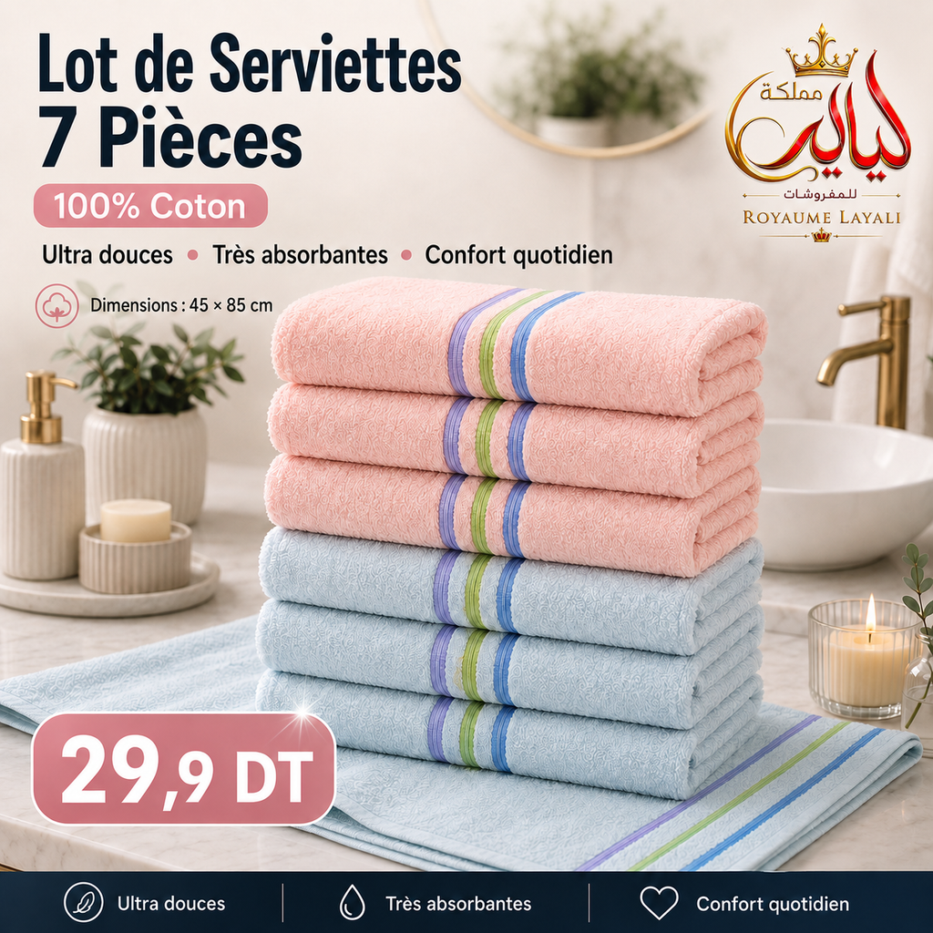 Lot de Serviettes 7 Pièces 100% Coton Ultra Douces Absorbantes 45x85cm
