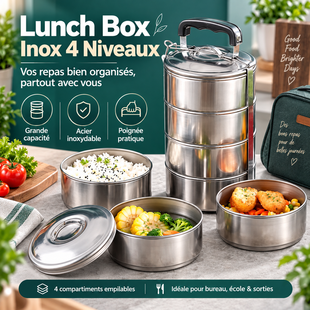 Lunch Box Inox 4 Niveaux 4 Compartiments Empilables Poignée Pratique Acier Inoxydable