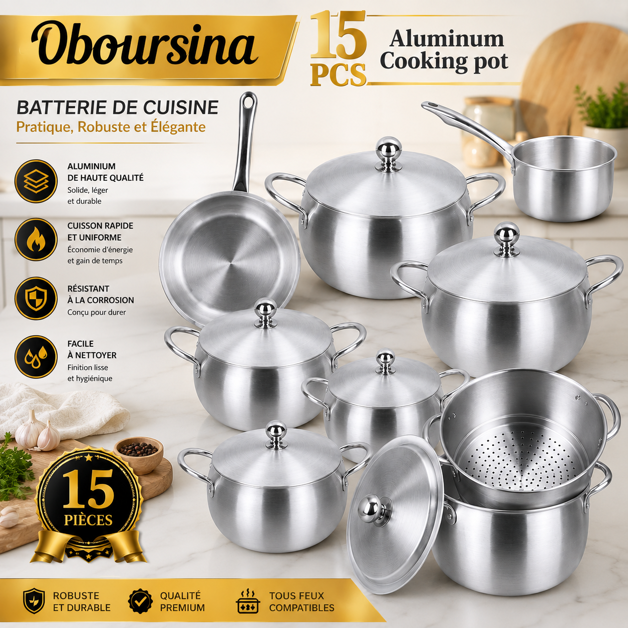 Batterie de Cuisine Oboursina 15 Pièces Aluminium Premium Tous Feux