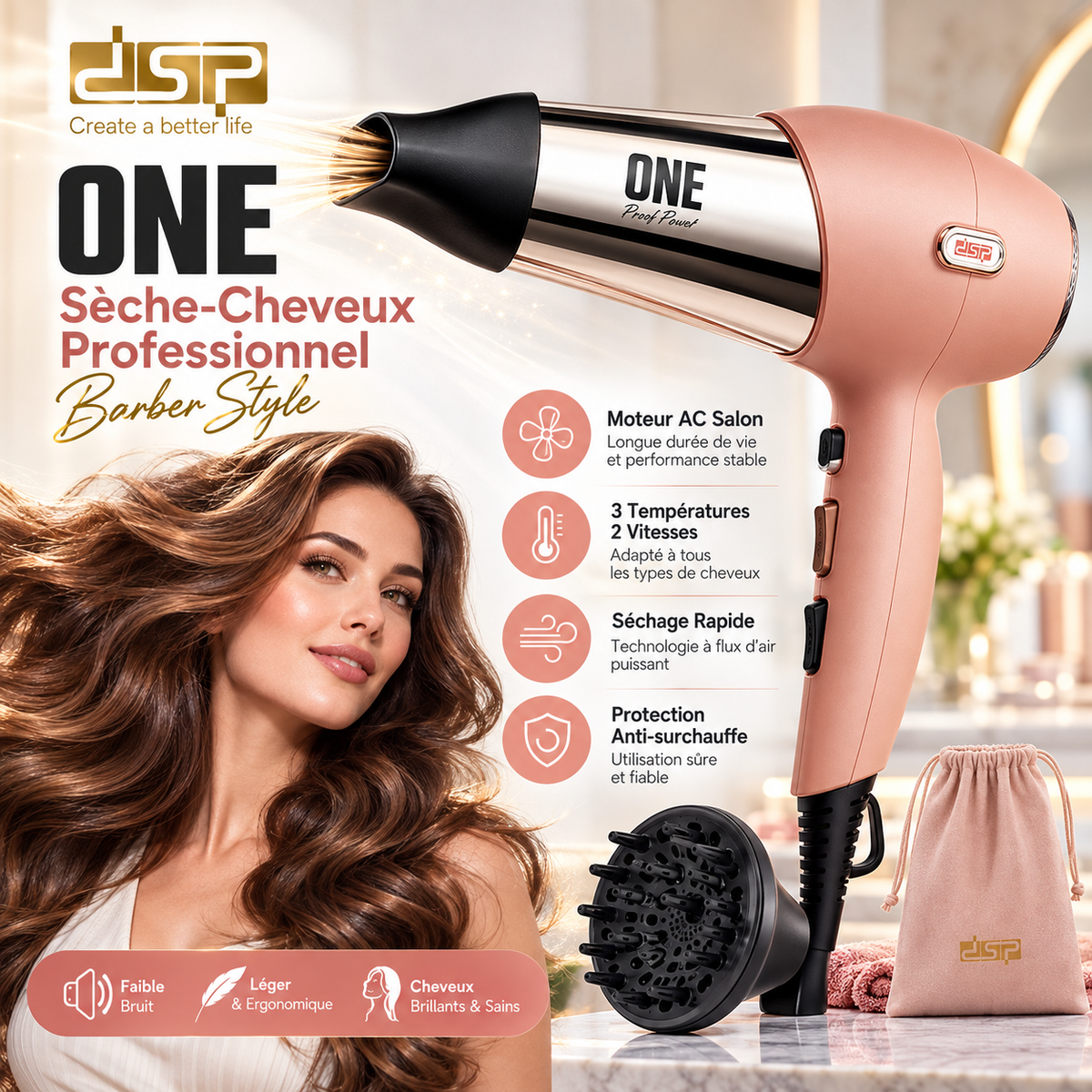 Sèche-cheveux DSP ONE Professionnel Barber Style — Rose & Or avec Diffuseur