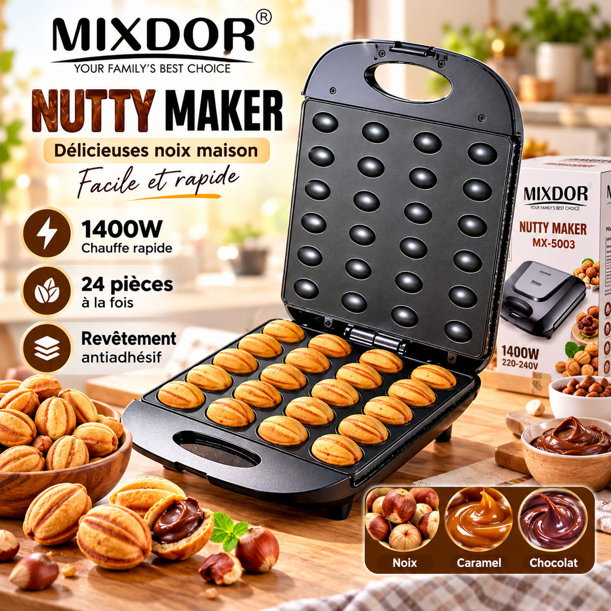 MIXDOR Nutty Maker MX-5003 1400W — 24 pièces, Revêtement Antiadhésif