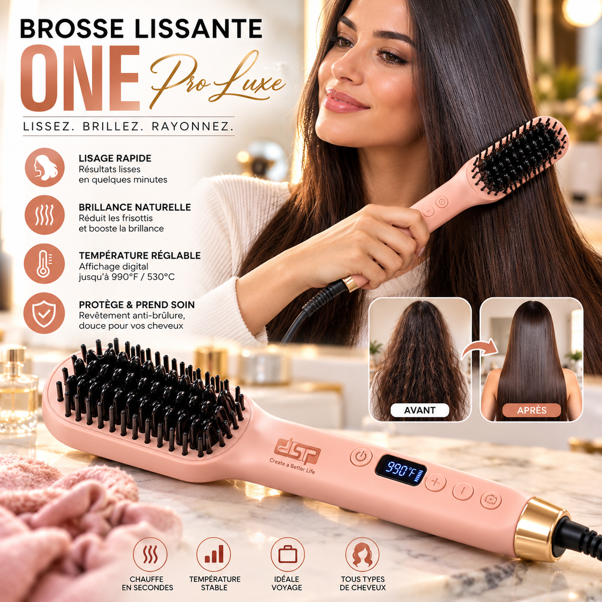 Brosse Lissante ONE Pro Luxe DSP 530°C — Rose & Doré