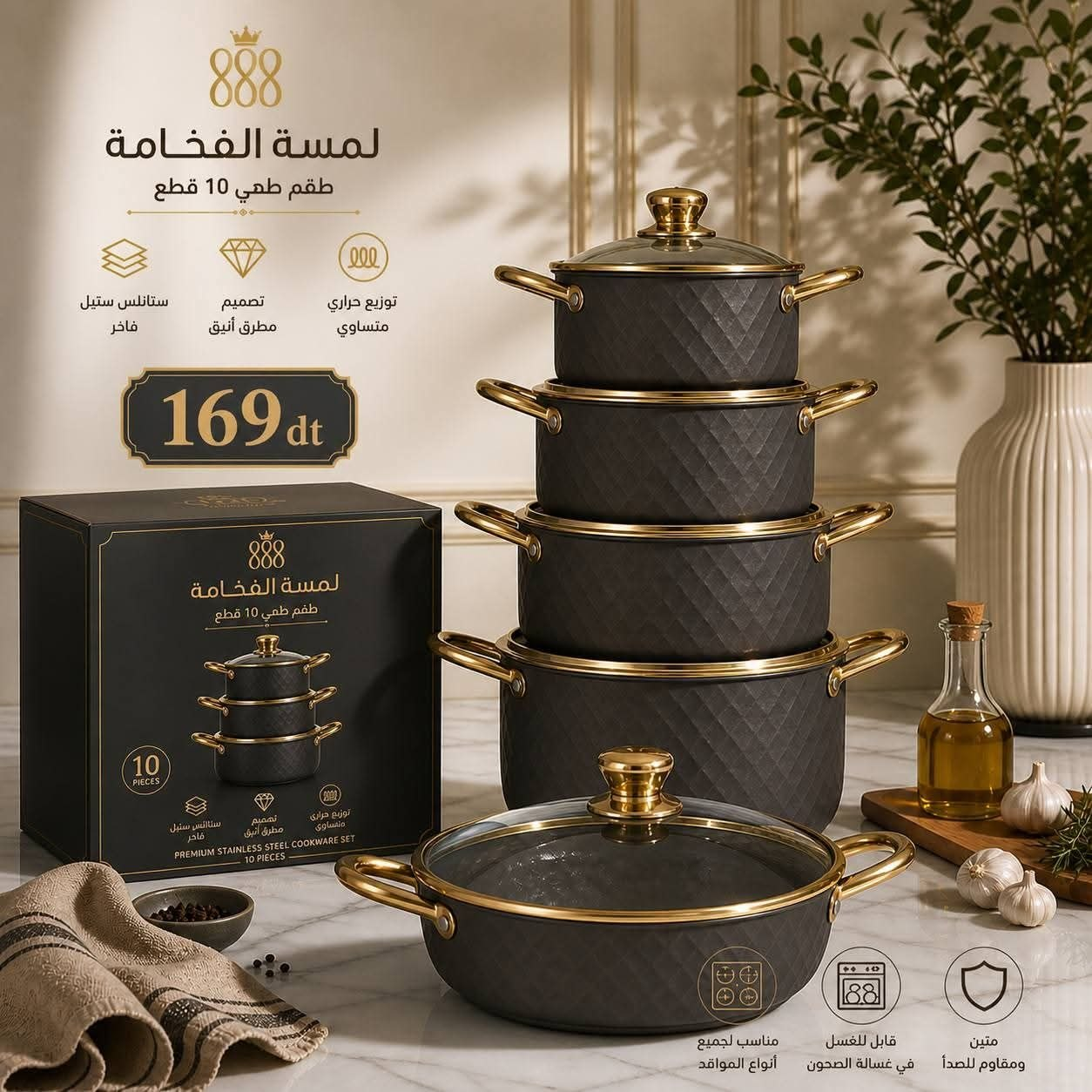 لمسة الفخامة SM02 طقم طهي 10 قطع ستانلس أسود وذهبي