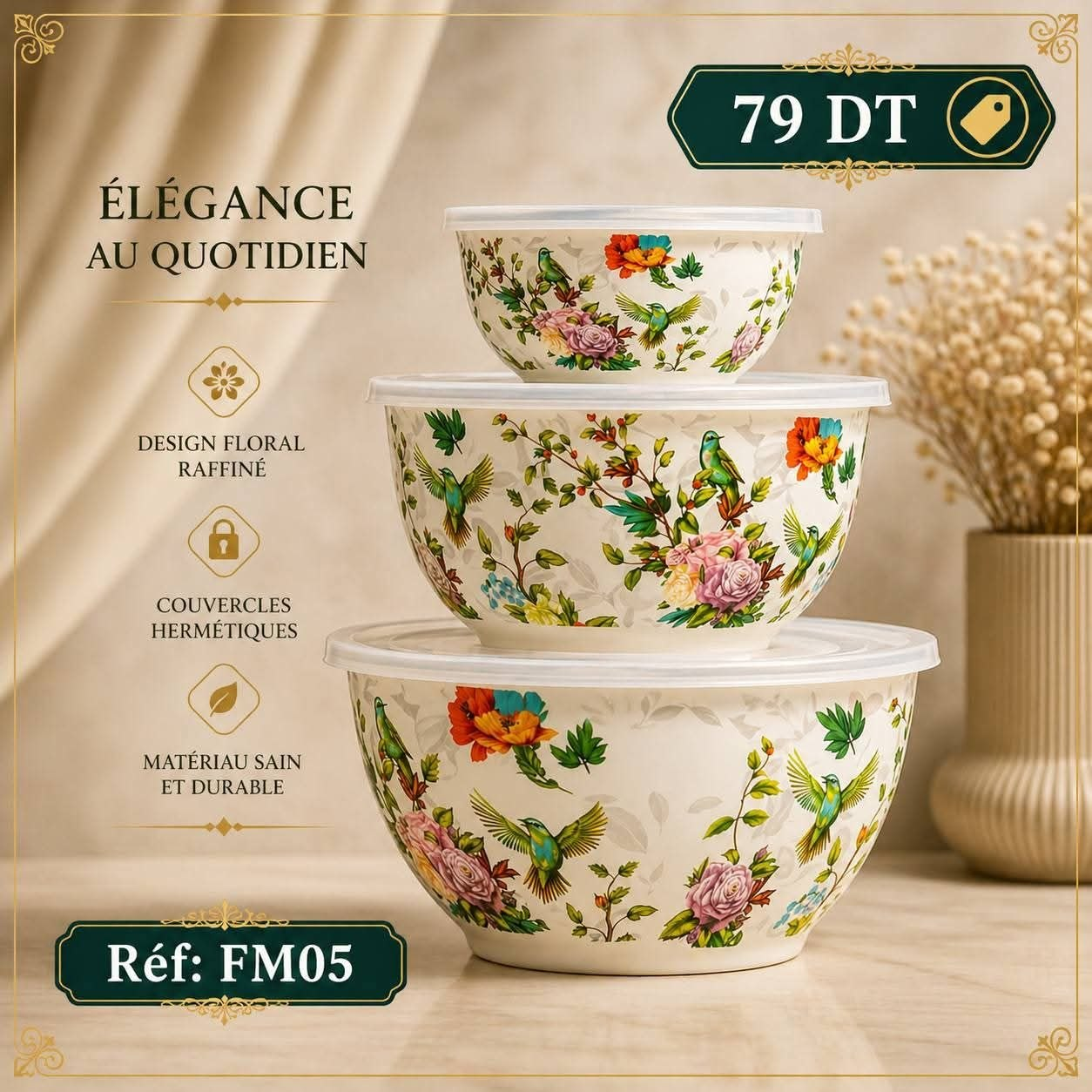 Set 3 Bols Design Floral FM05 Couvercles Hermétiques