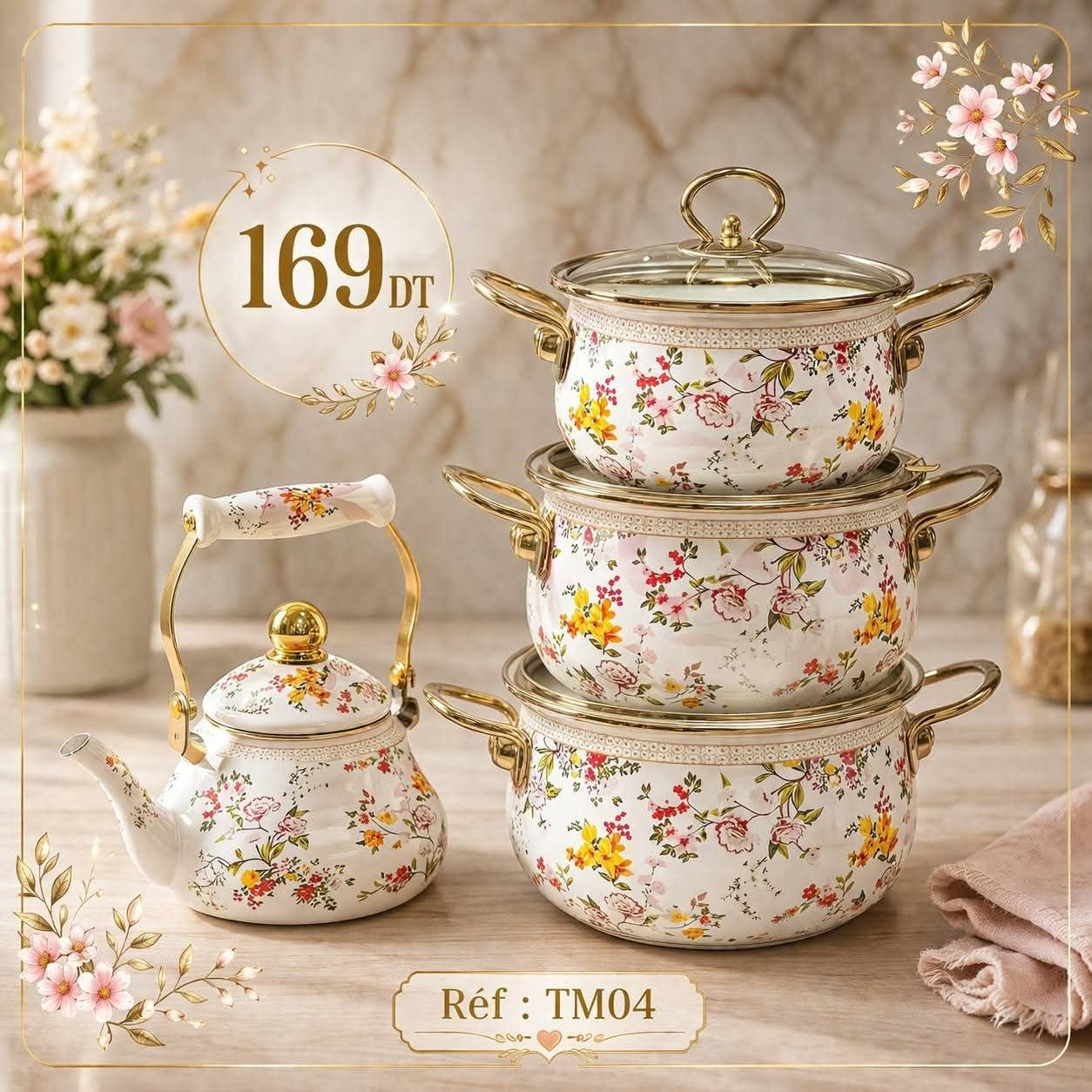 Set Batterie Cuisine TM04 3 Casseroles Bouilloire Floral Rose Jaune Doré