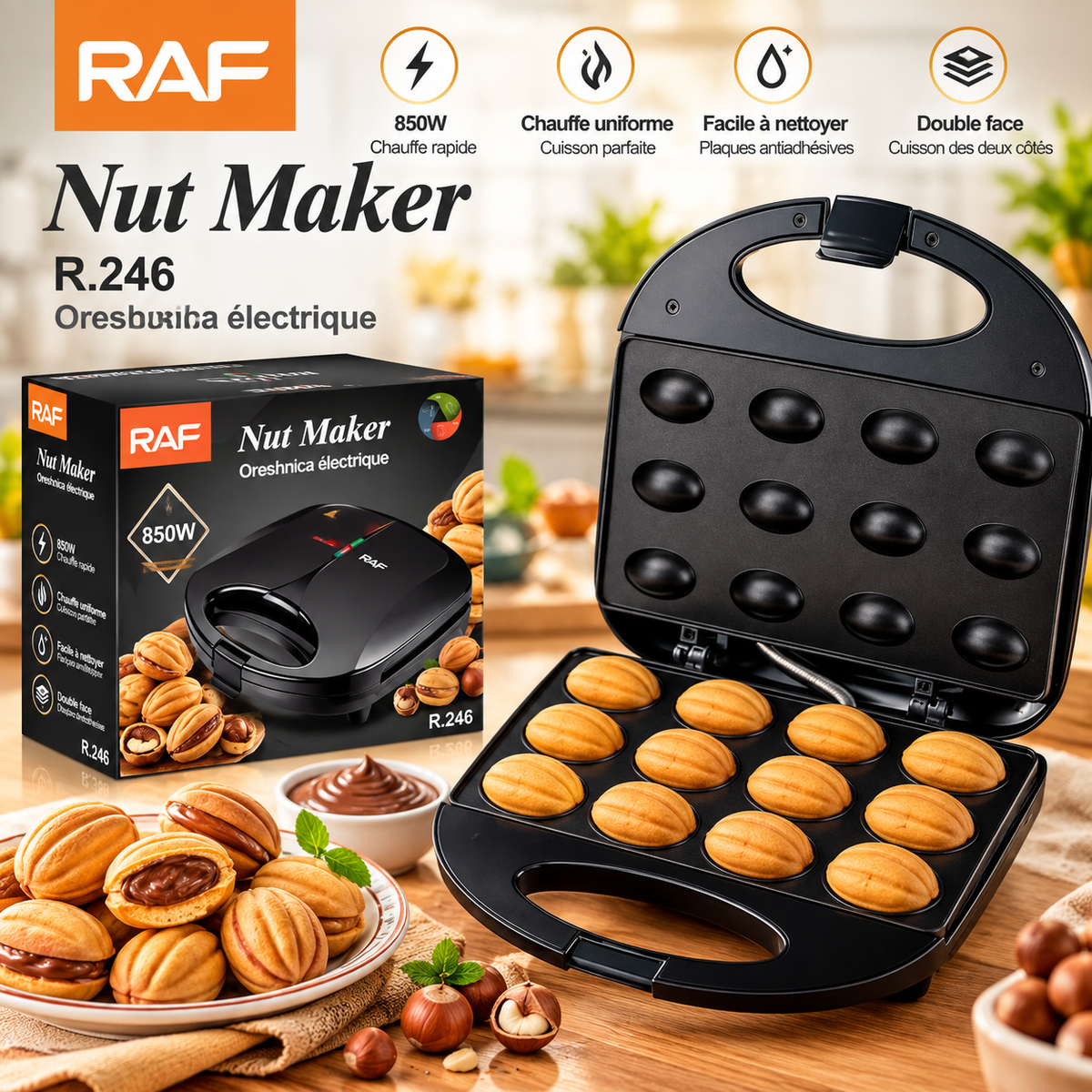 RAF Nut Maker R.246 850W Oreshnica Électrique — Plaques Antiadhésives