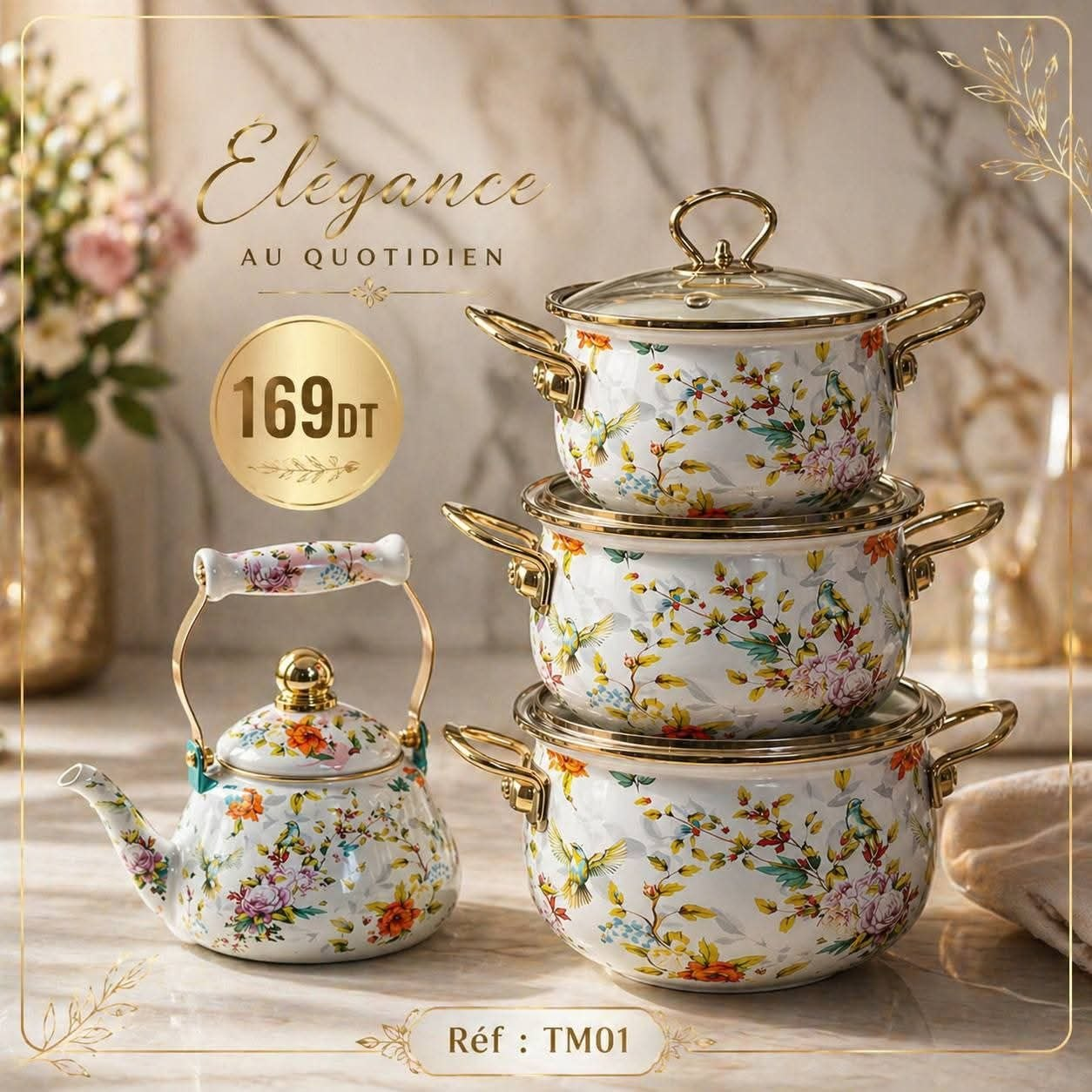 Set Batterie Cuisine TM01 3 Casseroles Bouilloire Colibris Roses Doré