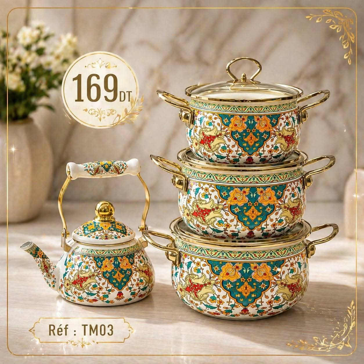 Set Batterie Cuisine Oriental TM03 3 Casseroles Théière Dorée