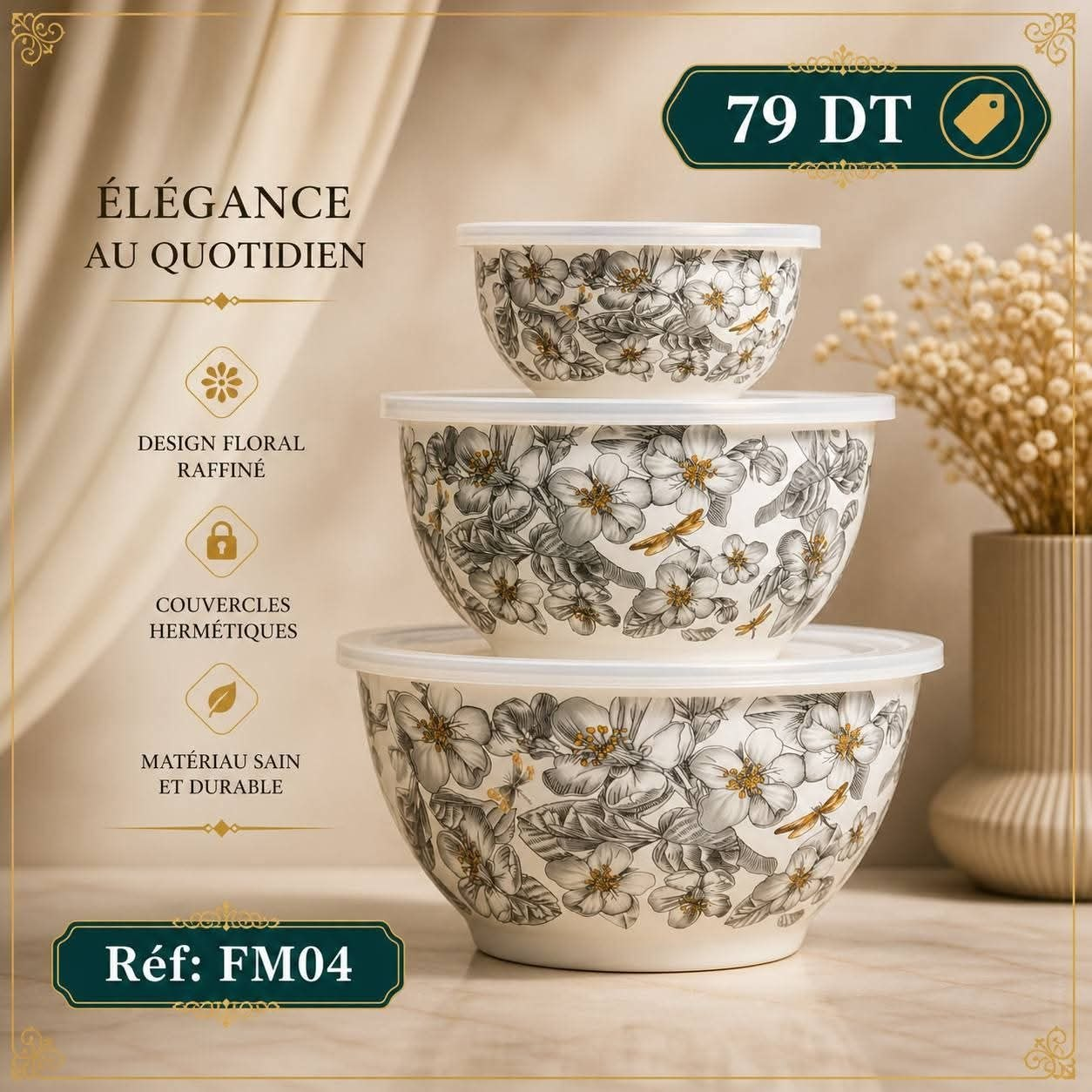 Set 3 Bols Design Floral FM04 Gris Or Couvercles Hermétiques