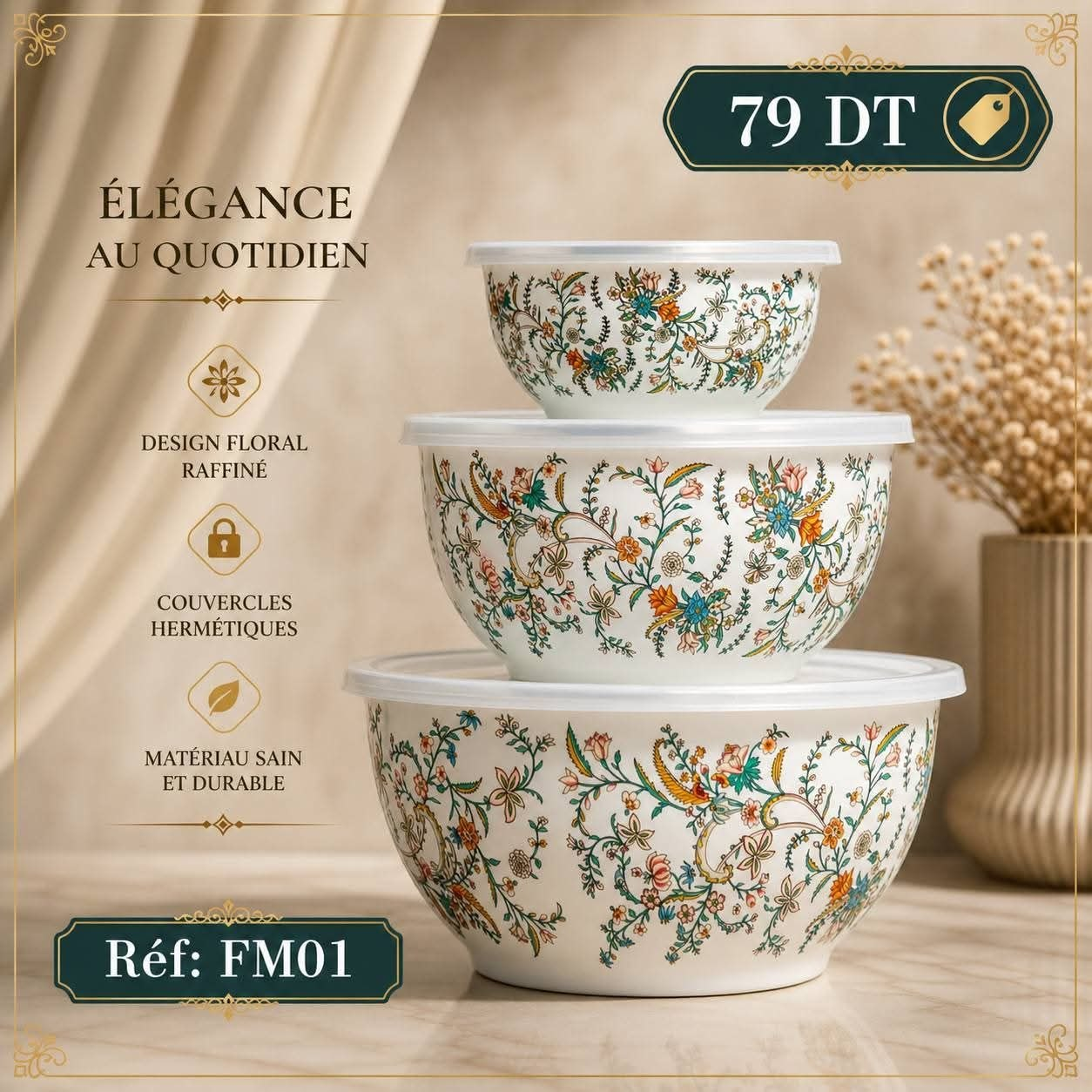 Set 3 Bols Design Floral FM01 Arabesques Couvercles Hermétiques