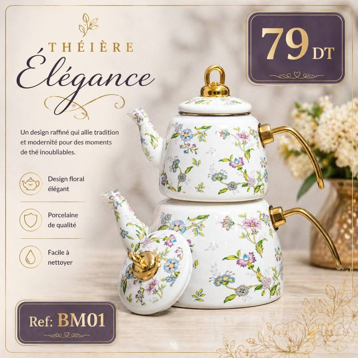 Théière Élégance BM01 Double Florale Bleu Lilas Dorée