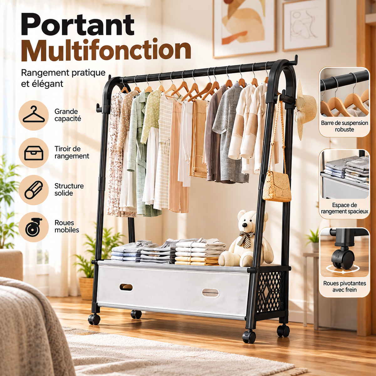 Portant Multifonction avec Tiroir de Rangement et Roues Pivotantes — Noir & Beige