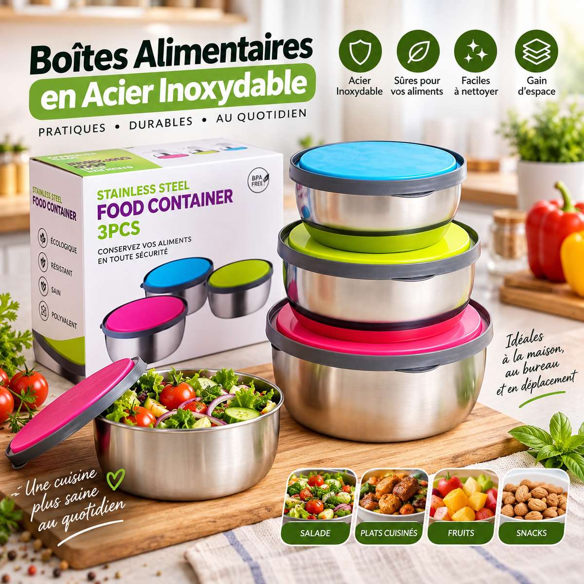Boîtes Alimentaires Acier Inoxydable Set 3 Pièces Couvercles Colorés Bleu Vert Rose