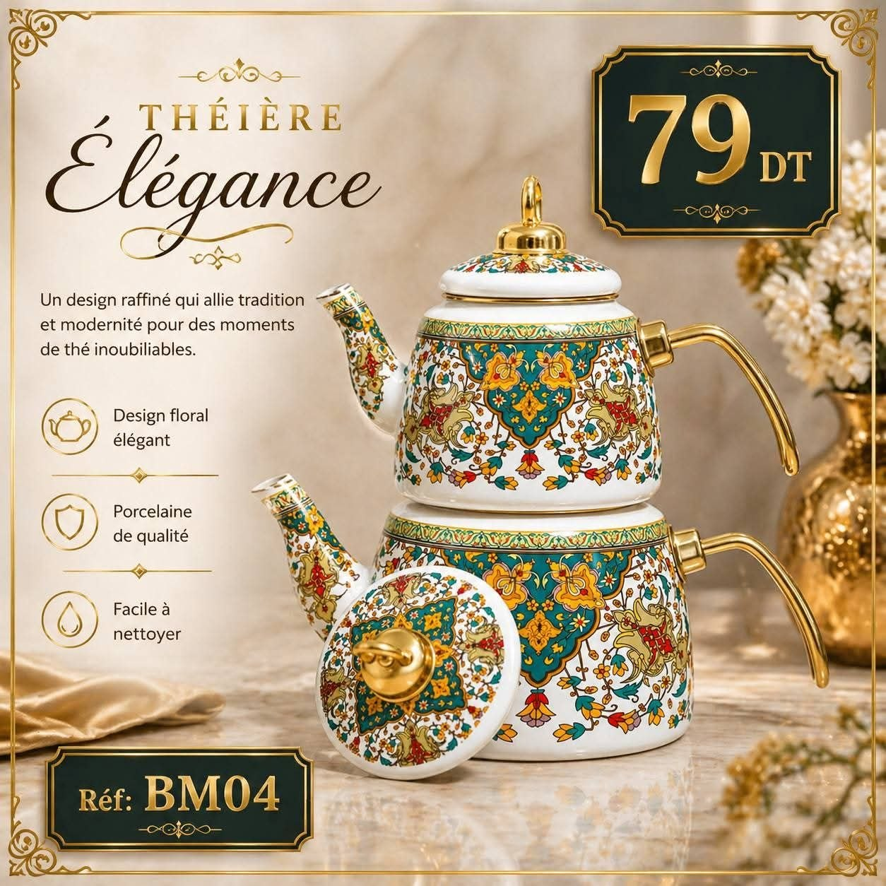 Théière Élégance BM04 Double Oriental Vert Or Porcelaine