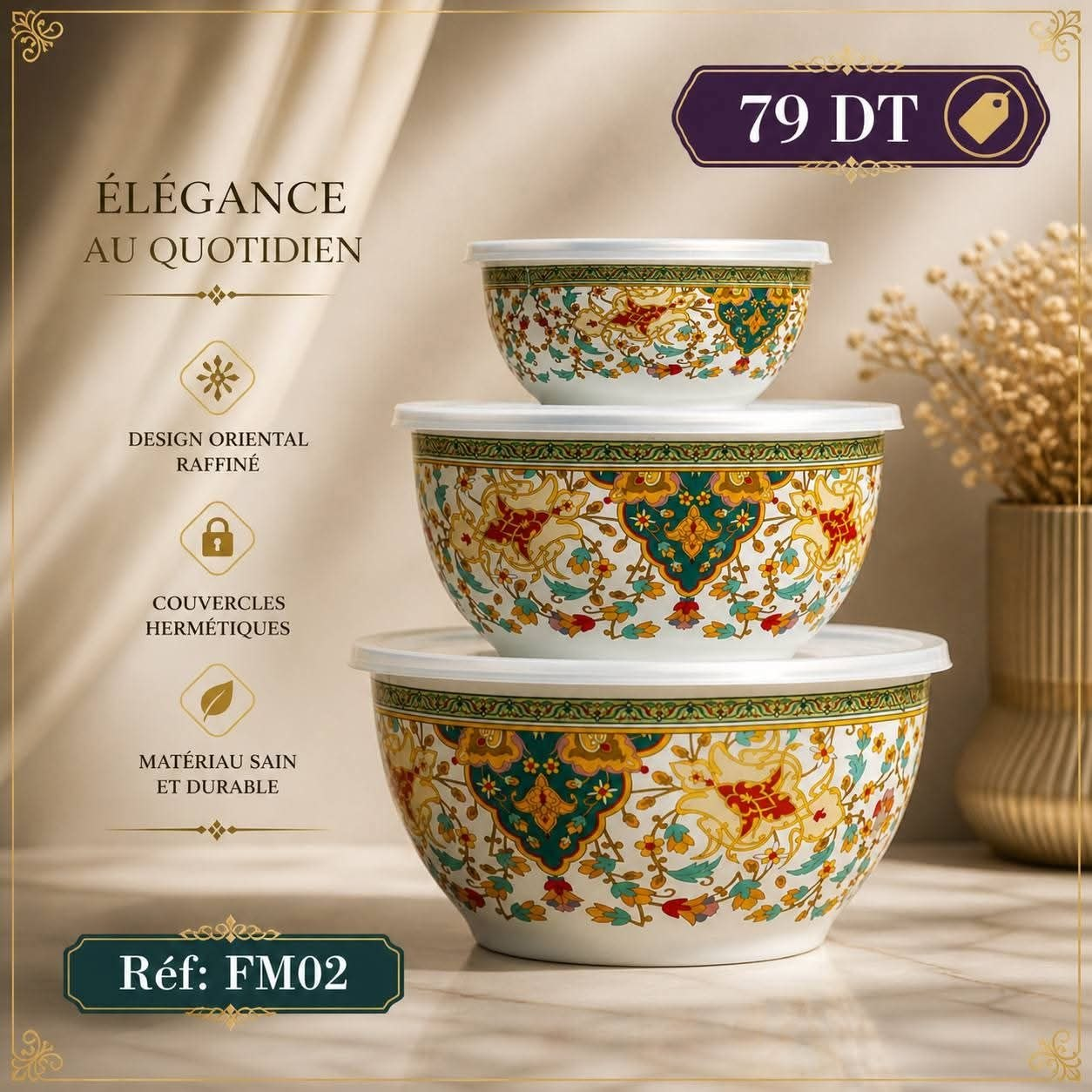 Set 3 Bols Design Oriental FM02 Couvercles Hermétiques
