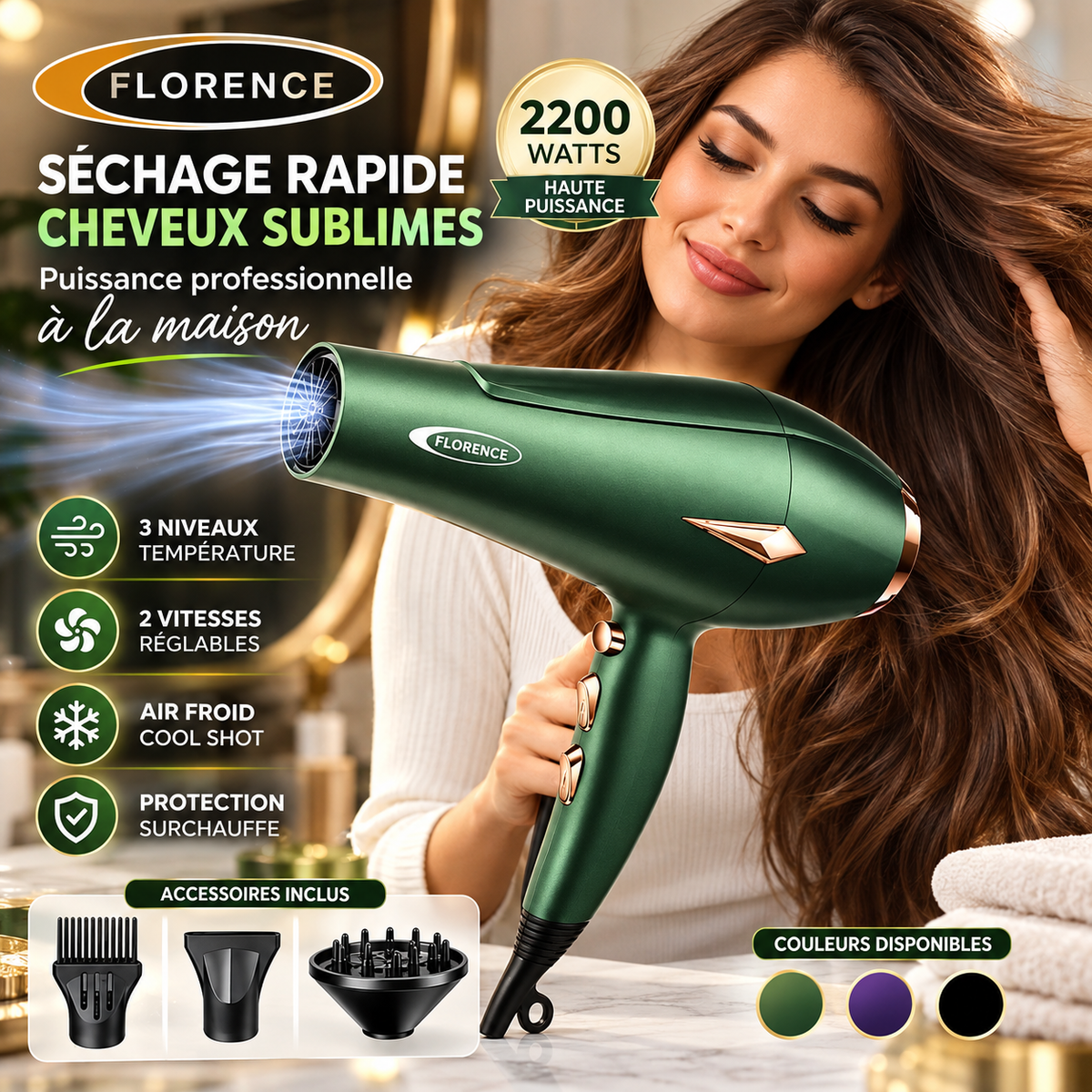 Sèche-cheveux Florence 2200W — Vert, Violet, Noir — avec Diffuseur