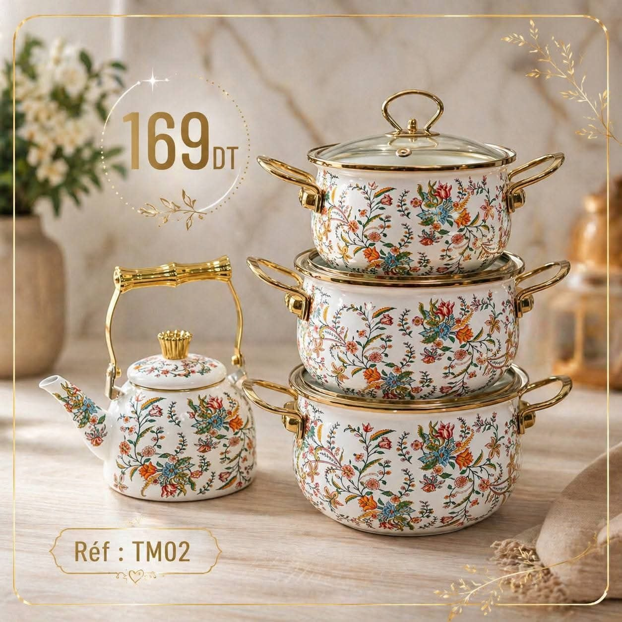 Set Batterie Cuisine TM02 3 Casseroles Théière Tulipes Floral Doré